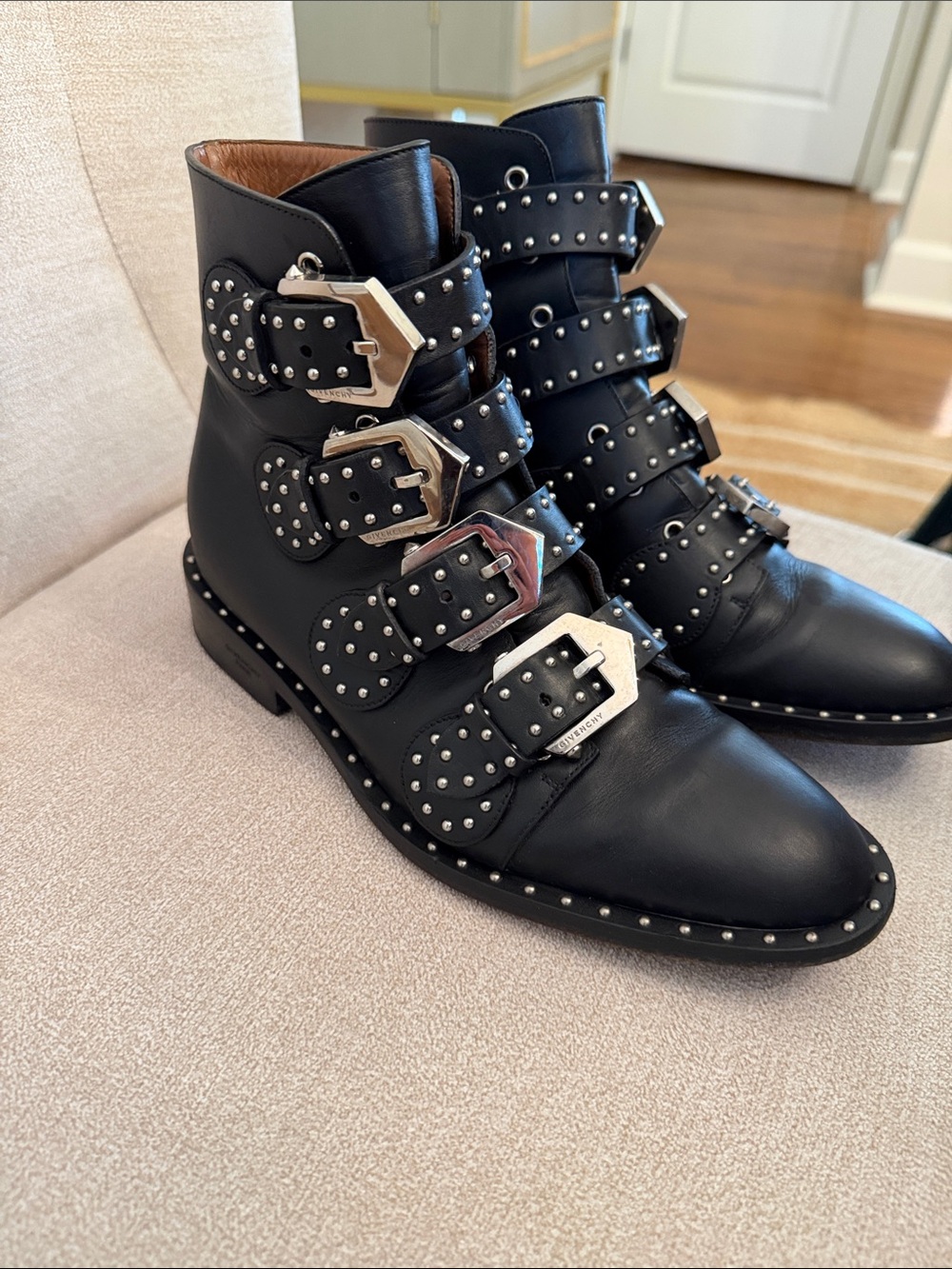Givenchy Black Leather Studded Buckle Ankle Boots